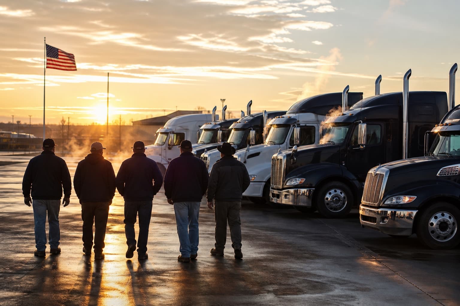 Drivers walking toward the Zepton Star fleet at dawn