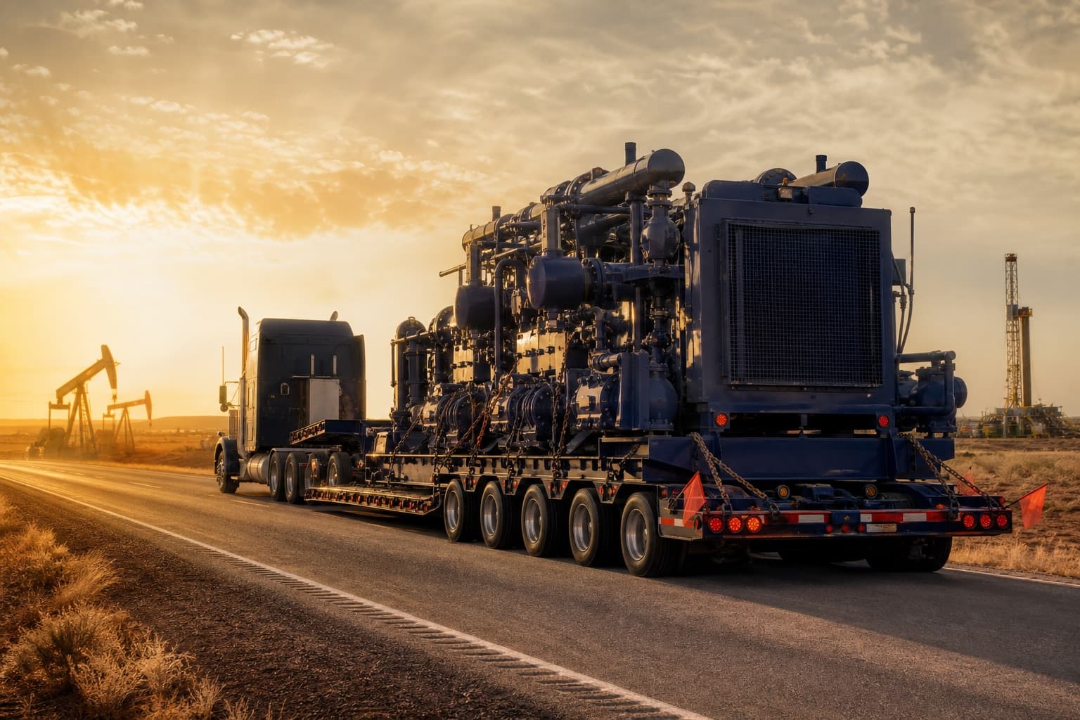 Heavy-haul oilfield freight moving across West Texas