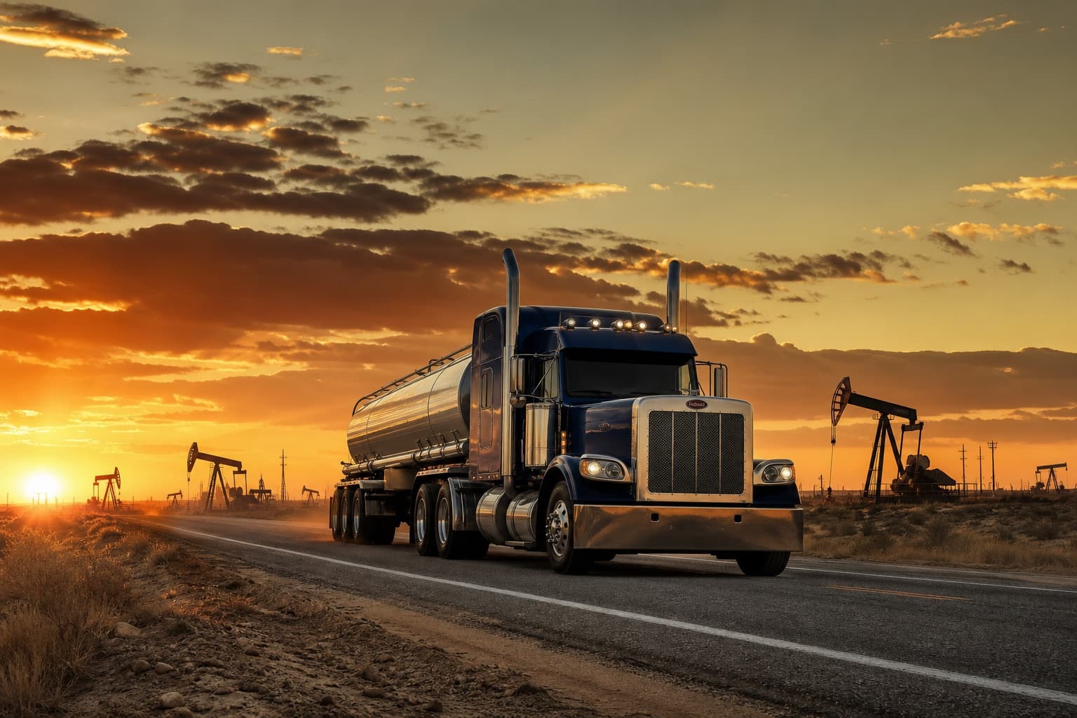 Zepton Star tanker on a Permian Basin highway at golden hour